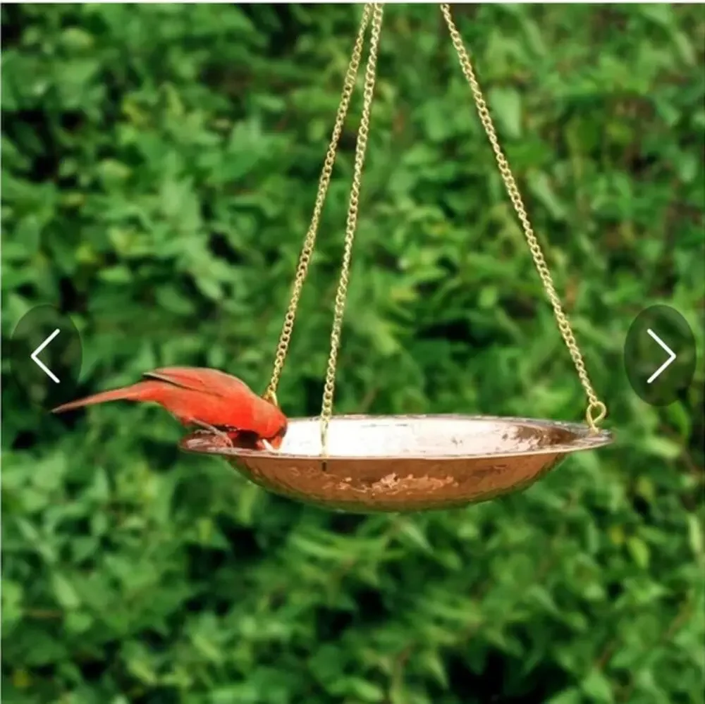 Good Directions Pure Copper Hanging Bird Bath 13.5” Hammered Brass Chain